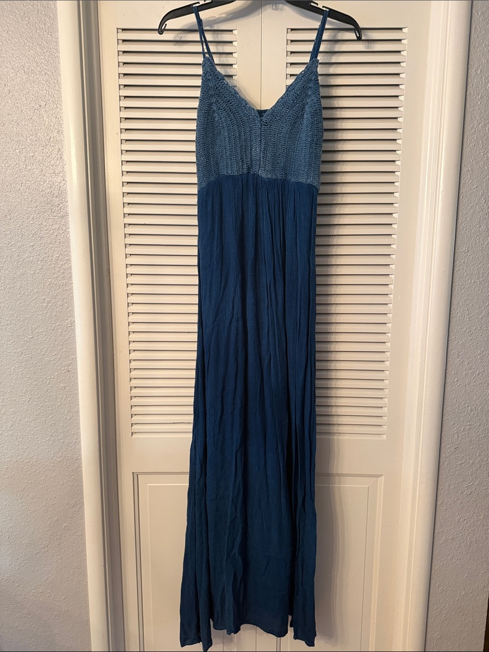 Smocked Knit Bodice Blue Maxi Dress with adjustable Spaghetti Straps